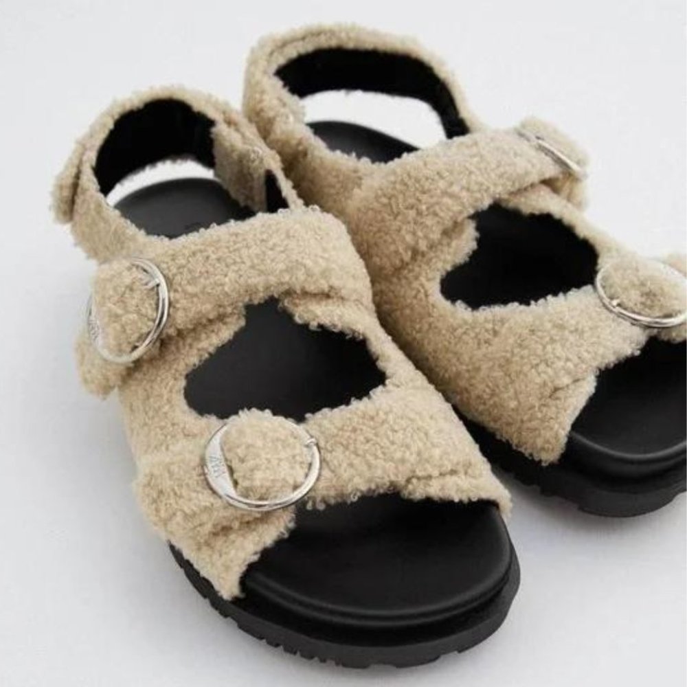 Zara Flat Faux Fur Buckle Sandals